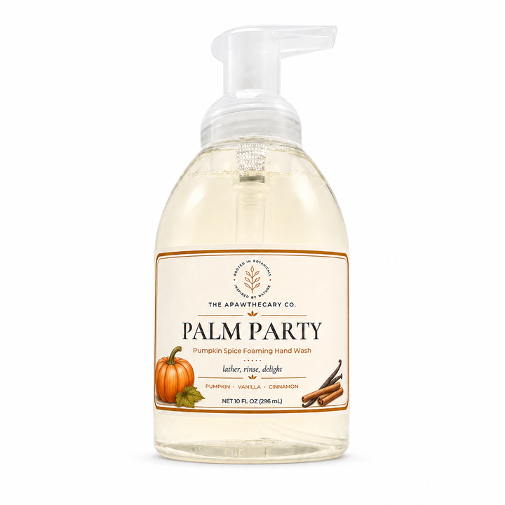 A bottle of The Apothecary Co. Palm Party hand wash with a clear pump dispenser, showing the light yellow liquid inside.