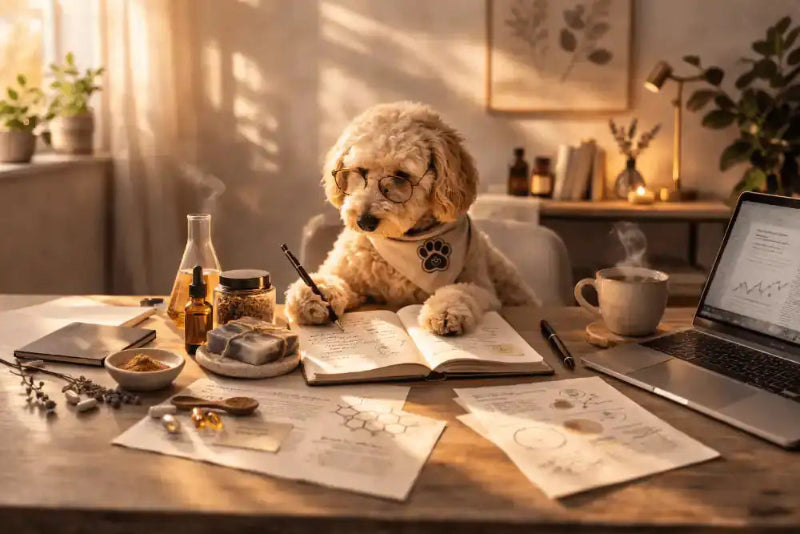 Dog sitting at a desk with a laptop, books, and various items on a wooden table.