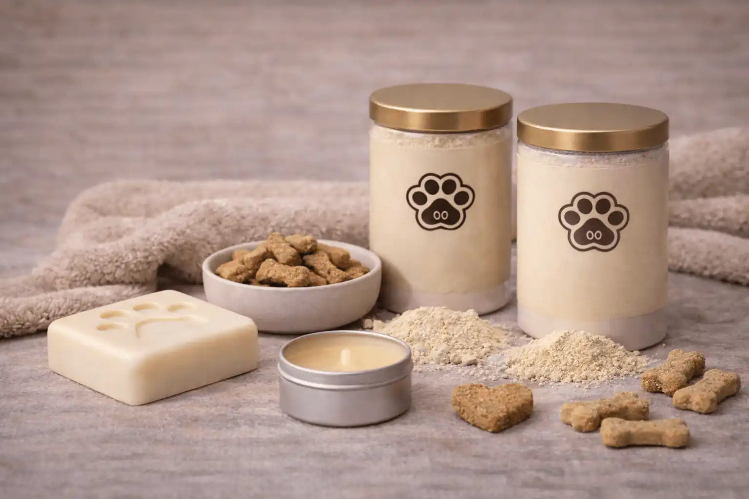 Dog care products including cans, a bowl of kibble, a bar of soap, and dog treats on a textured surface.