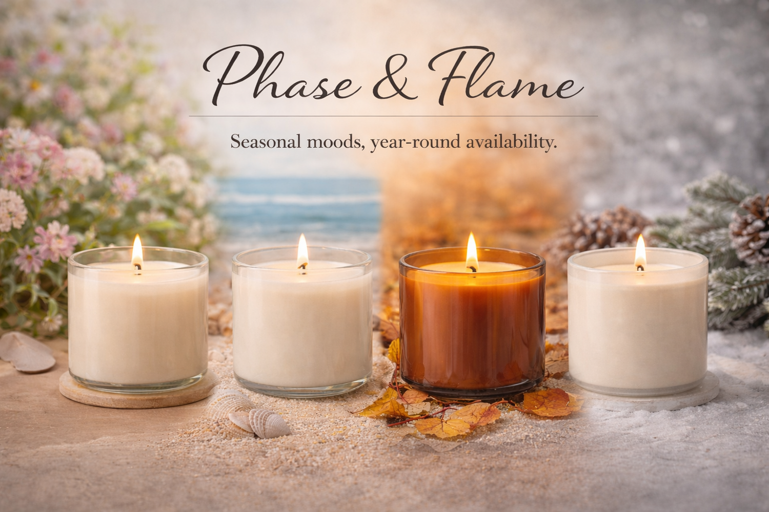 Four lit candles on a beach-themed surface with 'Phase & Flame' branding.