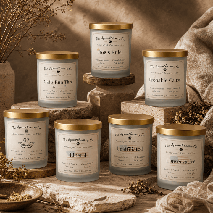 Eight Provoked & Poured candles arranged on stone risers with dried botanicals and warm fabric.