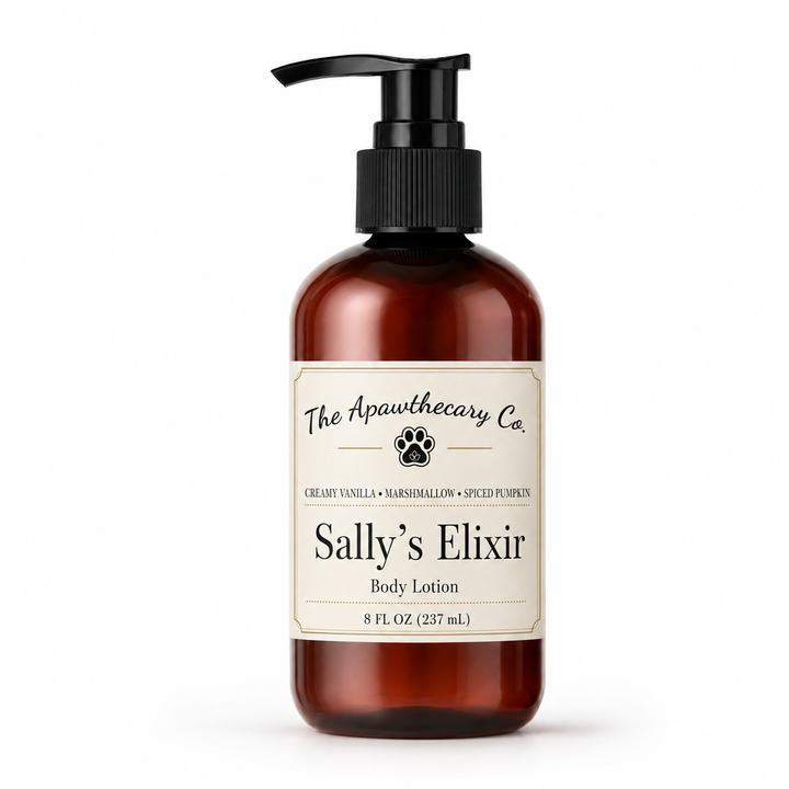 An amber glass pump bottle of body lotion with a black dispenser and a cream label reading 'The Apawthecary Co. Sally's Elixir Body Lotion' on a white background.