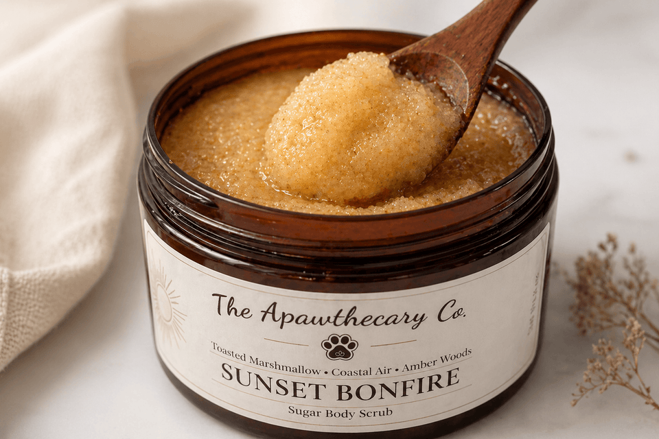 Jar of 'Sunset Bonfire' sugar body scrub with a wooden spoon, branded 'The Apawthecary Co.'
