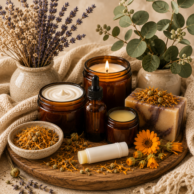 Handcrafted body care and candle products styled in a warm editorial setting