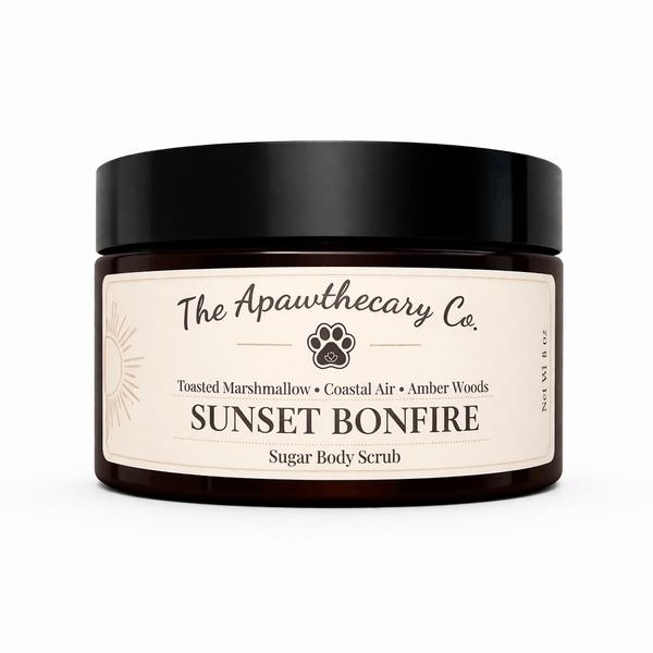 Jar of 'Sunset Bonfire' sugar body scrub from The Apawthecary Co. on a white background