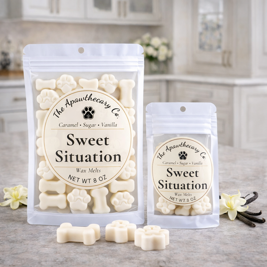 Two packages of 'Sweet Situation' wax melts from The Apawthecary Co. on a kitchen counter.