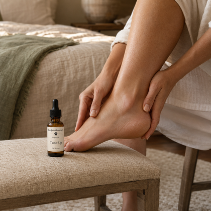 A person sitting in a bedroom or spa-like setting holds and massages their foot while a small amber dropper bottle labeled 'Tune Up' rests on a beige upholstered stool beside them.
