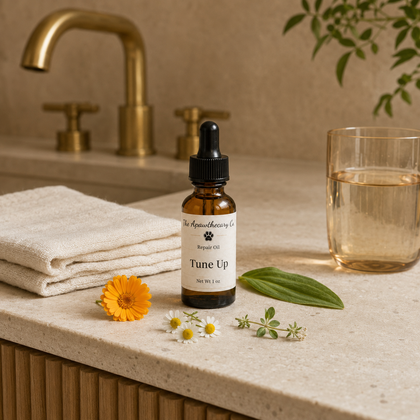 Tune Up oil bottle on a stone bathroom counter beside a folded towel, flowers, and a glass of water.