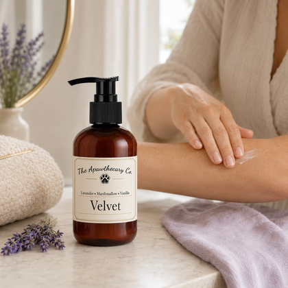 Person applying Velvet lotion to their forearm beside the amber pump bottle.