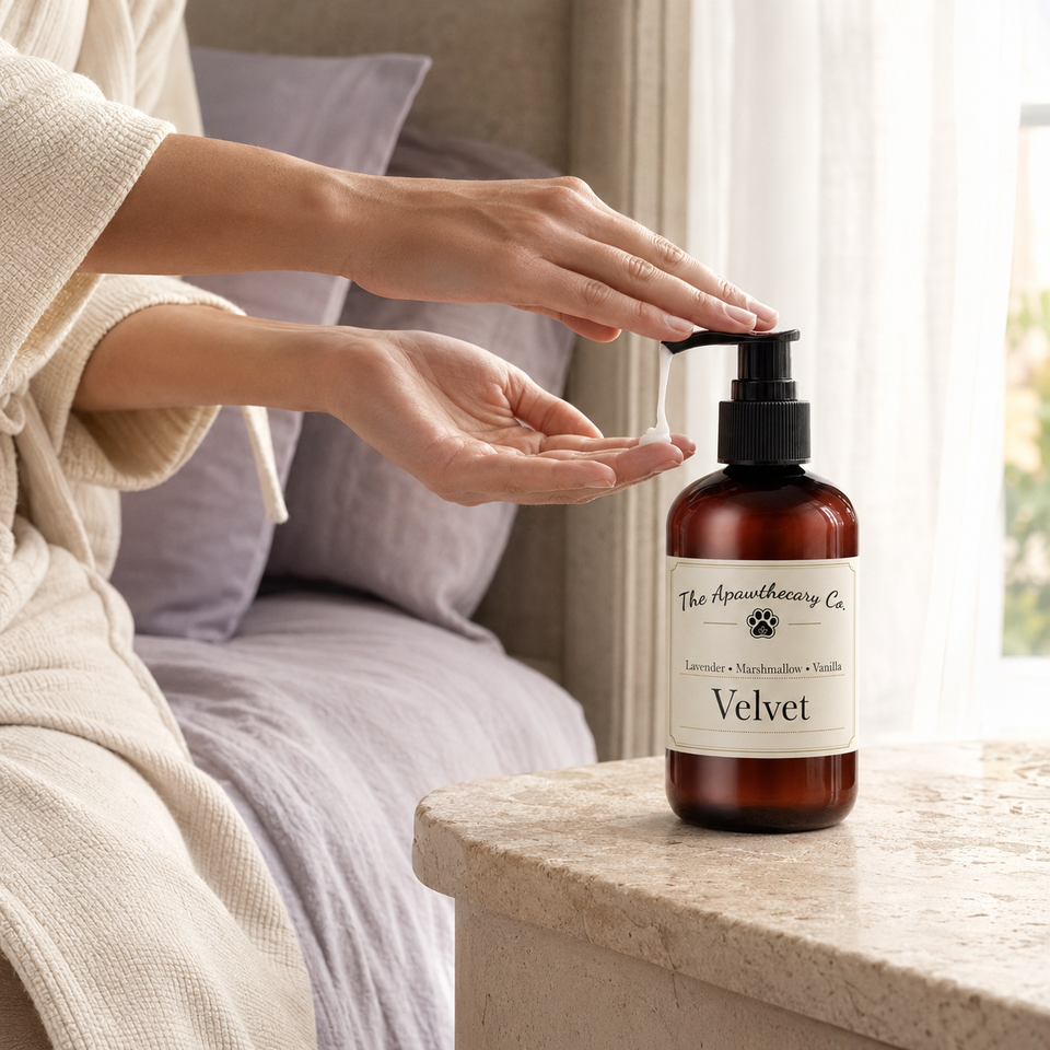 Person dispensing Velvet lotion beside a bed with lavender-colored bedding.