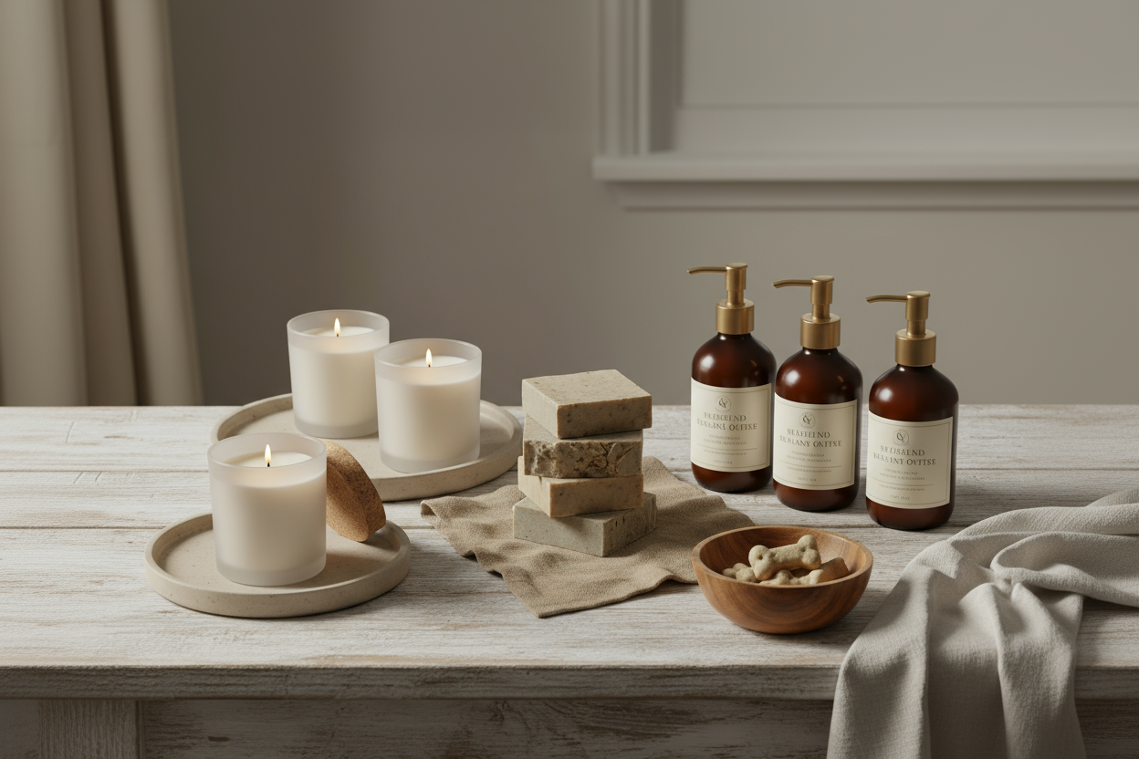 A high-end, realistic spa-inspired product display with soy coconut candles, natural bar soaps, glass lotion jars, and pet treats in a small wooden bowl. Linen cloths, ceramic trays, warm neutral tones, soft diffused lighting, premium apothecary aesthetic, photorealistic detail, smooth shadows, minimal yet luxurious.
