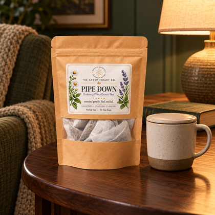 Pipe Down herbal tea pouch beside a mug on a side table by an armchair and lamp.