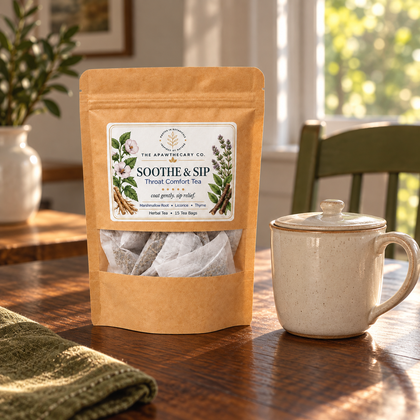 Soothe & Sip herbal tea pouch beside a lidded mug on a wooden table.