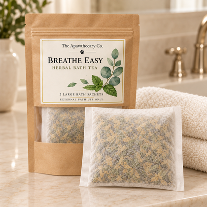 Breathe Easy herbal bath tea in kraft window pouch with large bath sachet