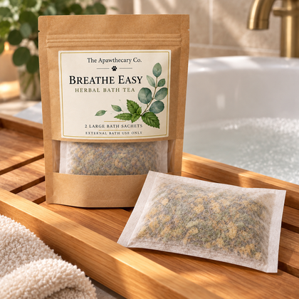 Breathe Easy herbal bath tea in kraft window pouch with large bath sachet, beside bathtub