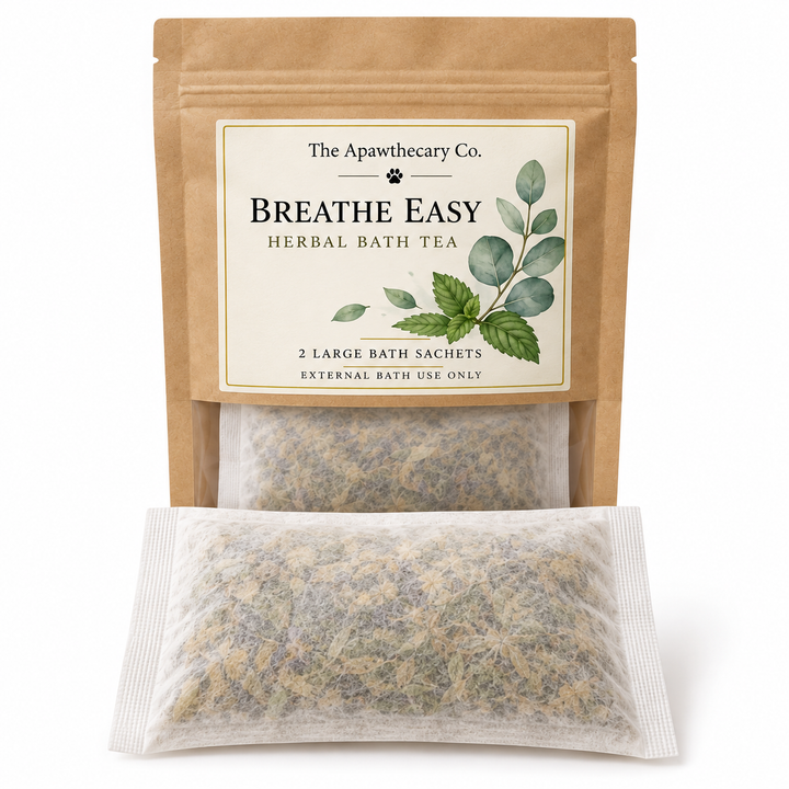 Breathe Easy herbal bath tea in kraft window pouch with large bath sachet