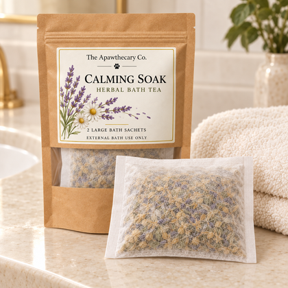 Calming Soak herbal bath tea in kraft window pouch with large bath sachet