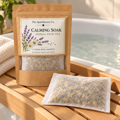 Calming Soak herbal bath tea in kraft window pouch with large bath sachet, beside bathtub