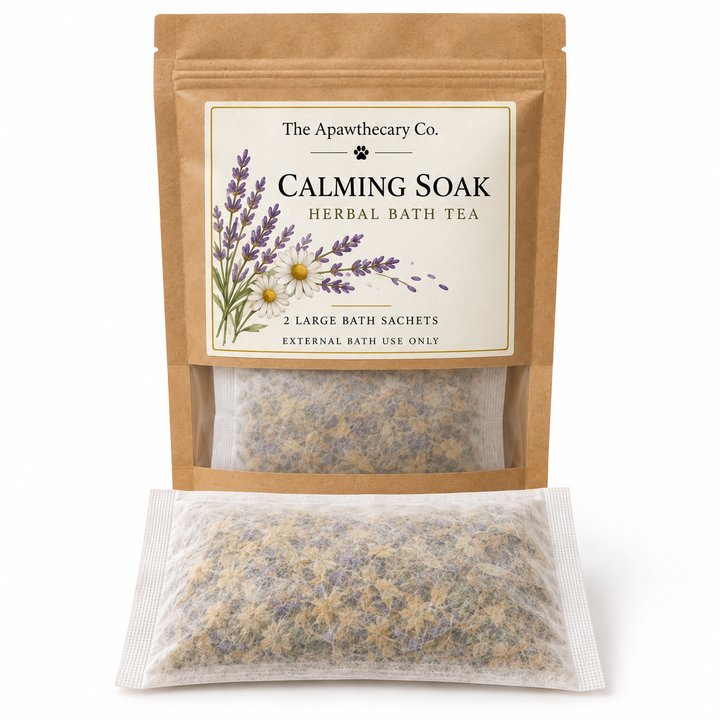 Calming Soak herbal bath tea in kraft window pouch with large bath sachet