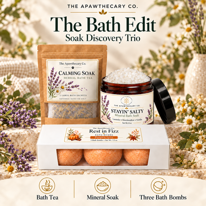 The Bath Edit – Soak Discovery Trio — branded bundle showcase. Actual included products shown.