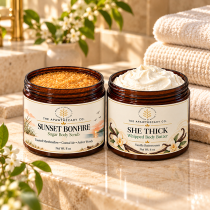 Polished & Plush – Body Scrub & Butter Duo — lifestyle scene 1. Actual included products shown.
