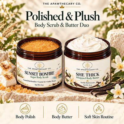 Polished & Plush – Body Scrub & Butter Duo — branded bundle showcase. Actual included products shown.