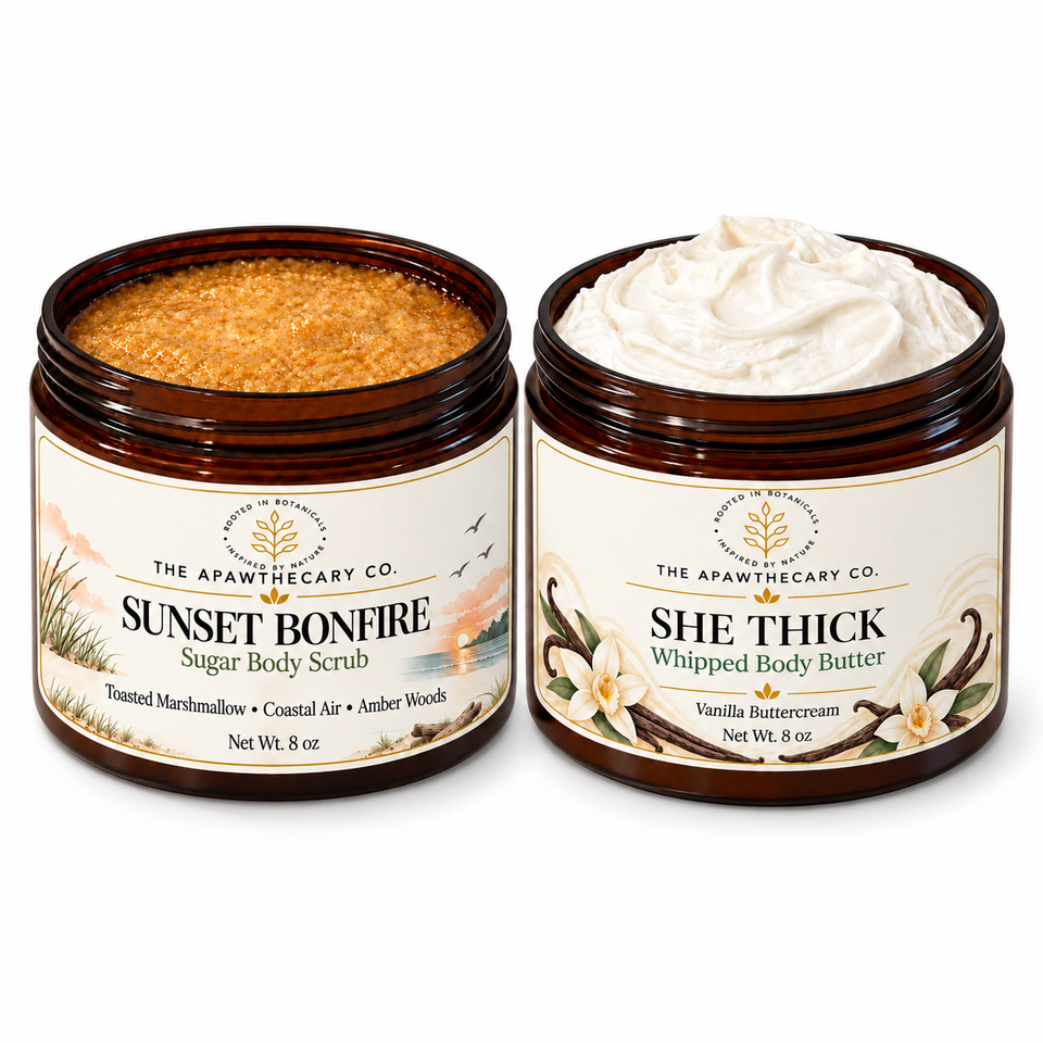Polished & Plush – Body Scrub & Butter Duo. Included products shown.