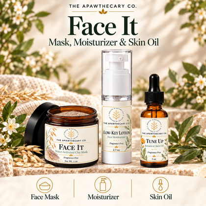 Face It – Mask, Moisturizer & Skin Oil Routine — branded bundle showcase. Actual included products shown.