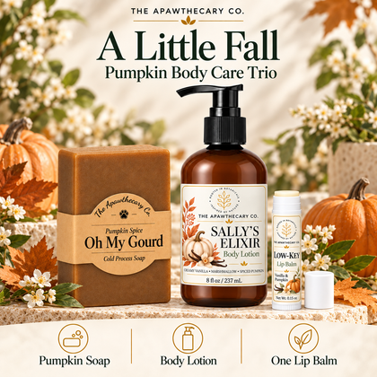 A Little Fall – Pumpkin Body Care Trio — branded bundle showcase. Actual included products shown.
