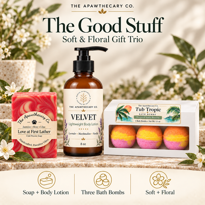 The Good Stuff – Soft & Floral Gift Trio — branded bundle showcase. Actual included products shown.