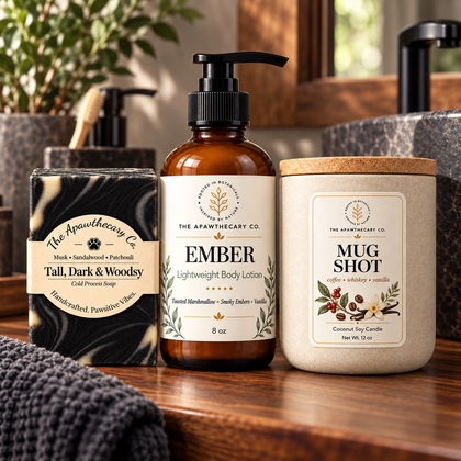 Groomed & Grounded – Warm & Woodsy Gift Trio — lifestyle scene 1. Actual included products shown.