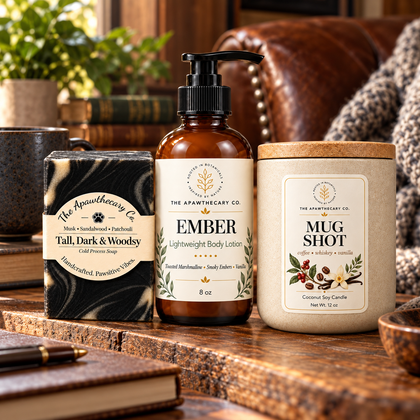 Groomed & Grounded – Warm & Woodsy Gift Trio — lifestyle scene 2. Actual included products shown.