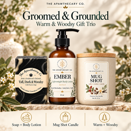 Groomed & Grounded – Warm & Woodsy Gift Trio — branded bundle showcase. Actual included products shown.