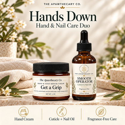 Hands Down – Hand & Nail Care Duo — branded bundle showcase. Actual included products shown.