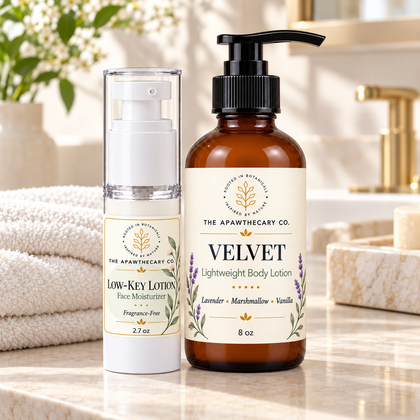Face + Body Hydration Duo — lifestyle scene 1. Actual included products shown. Velvet option shown.