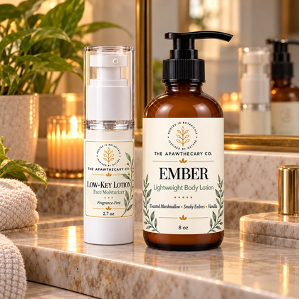 Face + Body Hydration Duo — lifestyle scene 2. Actual included products shown. Ember option shown.