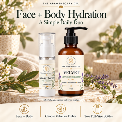 Face + Body Hydration Duo — branded bundle showcase. Actual included products shown. Velvet option shown.