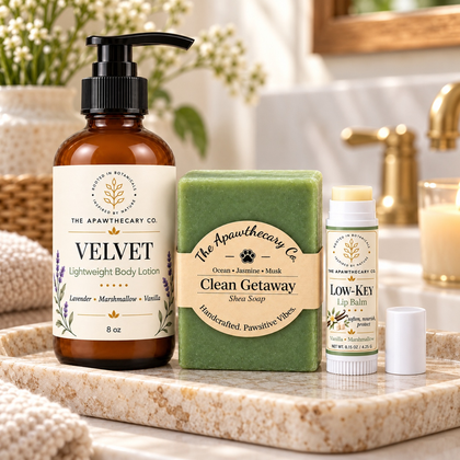 A Little Apawthecary – Soap, Lotion & Lip Discovery Trio — lifestyle scene 1. Actual included products shown.