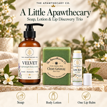 A Little Apawthecary – Soap, Lotion & Lip Discovery Trio — branded bundle showcase. Actual included products shown.