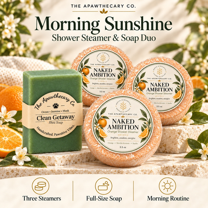 Morning Sunshine – Shower Steamer & Soap Duo — branded bundle showcase. Actual included products shown.