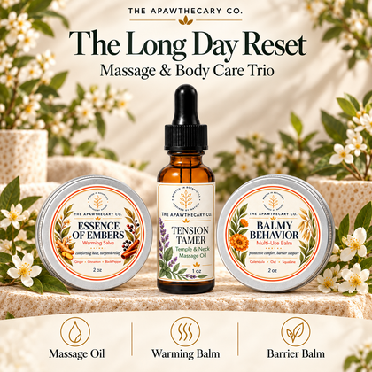 The Long Day Reset – Massage & Body Care Trio — branded bundle showcase. Actual included products shown.