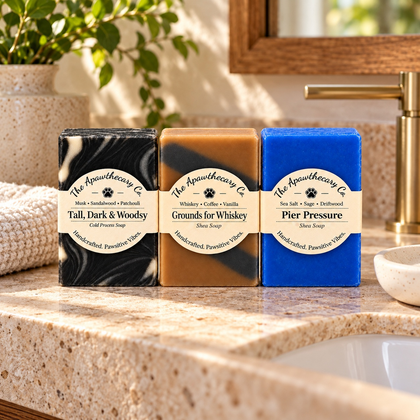 Soap Stash – Curated 3, 4 & 6-Bar Discovery Packs — lifestyle scene 1. Actual included products shown. Warm & Woodsy three-bar pack shown.