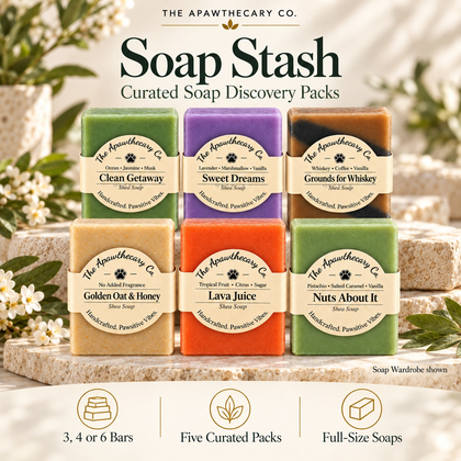 Soap Stash – Curated 3, 4 & 6-Bar Discovery Packs — branded bundle showcase. Actual included products shown. Soap Wardrobe six-bar pack shown.