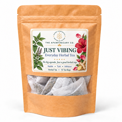 Just Vibing Everyday Herbal Tea — approved front label, 15 tea bags.