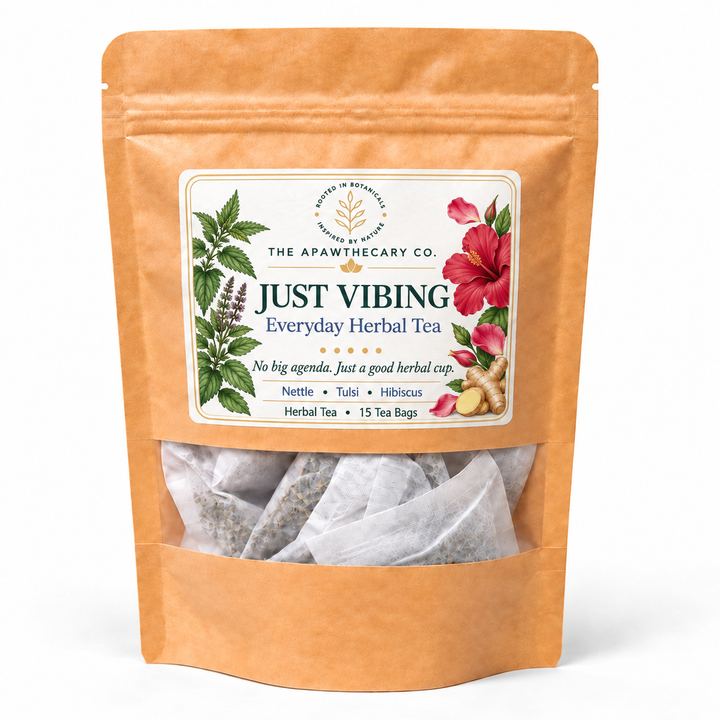 Just Vibing Everyday Herbal Tea — approved front label, 15 tea bags.