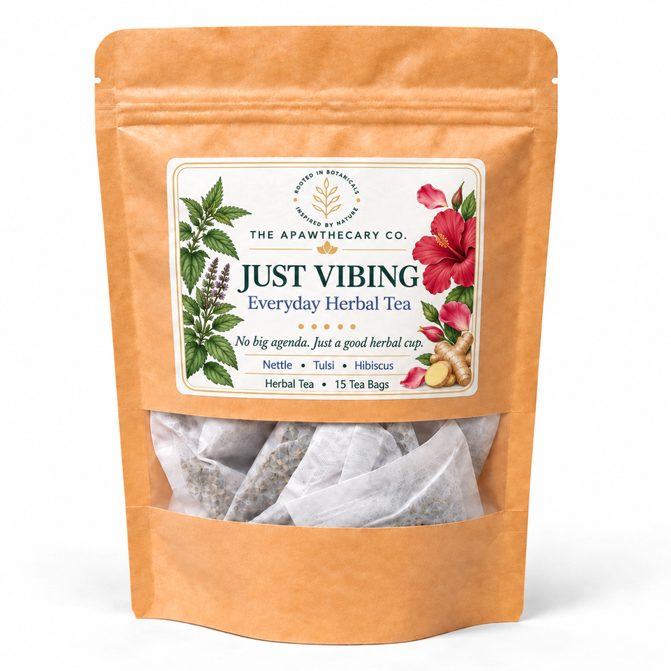 Just Vibing Everyday Herbal Tea — approved front label, 15 tea bags.