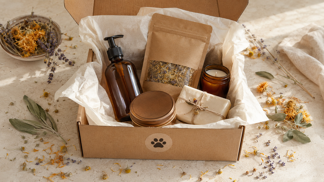 Handcrafted body care and candle giftable favorites arranged on a warm neutral background