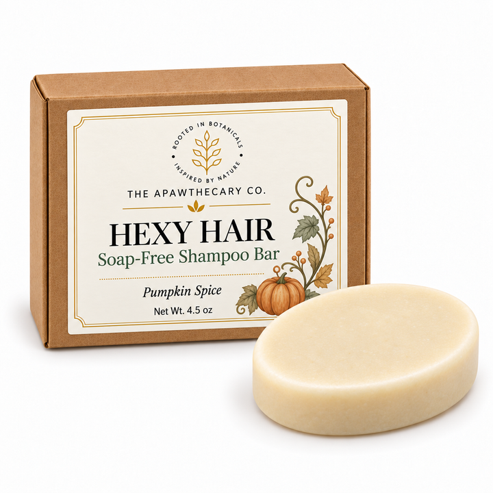 Hexy Hair shampoo bar in kraft window packaging with pumpkin label