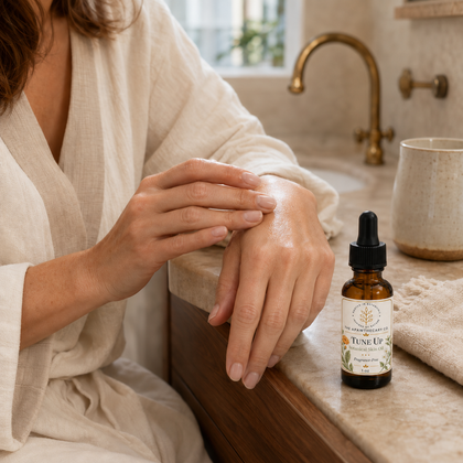 Tune Up – Fragrance-Free Botanical Skin Oil — skin oil applied to hands
