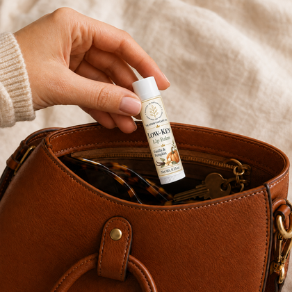 Low-Key Lip Balm – Vanilla Pumpkin — vanilla and pumpkin lip balm carried in a bag